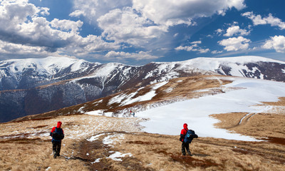 Hiking in the mountains in early spring