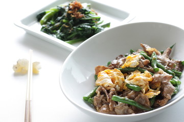 Chinese cuisine, bean and pork stir fried