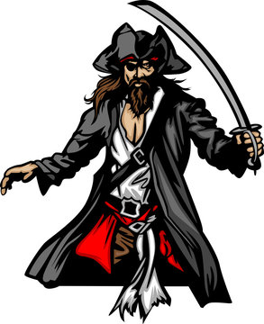 Pirate Mascot Standing with Sword and Hat