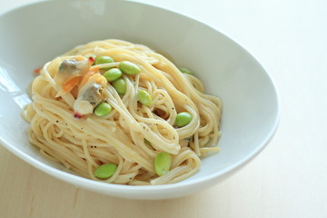 Italian pasta, broad bean and shell fish spaghetti
