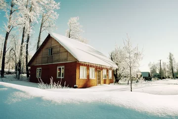 Fotobehang Winter Trees in hoarfrost and red house on morning of winter village