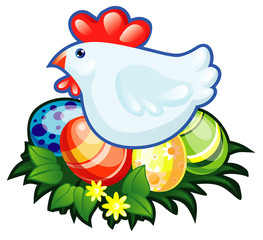 The hen sitting on easter eggs