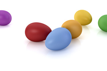 colorful eggs on reflecting white ground, view from above