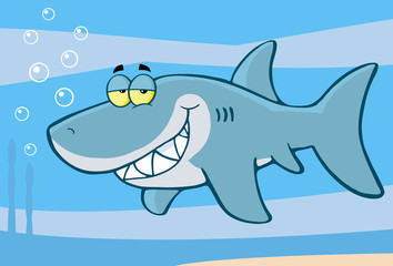 Naklejka premium Happy Shark Cartoon Character Under The Sea