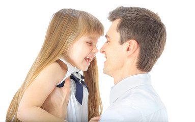Portrait of happy father and daughter. Isolated on white