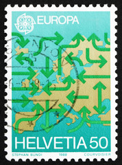 Postage stamp Switzerland 1988 Map of Europe and Arrows
