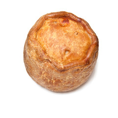 Melton Mowbray pork pie  isolated on a white studio background.