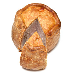 Melton Mowbray pork pie  isolated on a white studio background.