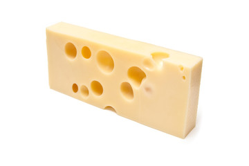 Emmental Swiss cheese isolated on a white studio background.