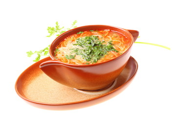 Tomato soup, parsley isolated white background