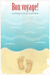 Vintage Travel Postcard - footprints in sand at the beach