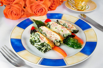 casserole with ham and spinach, sliced