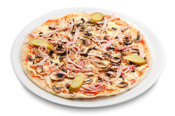pizza with mushrooms, ham, cheese, pickles