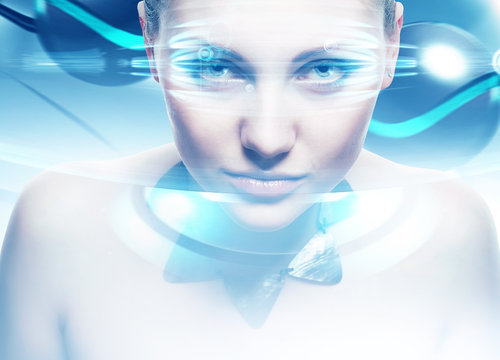Robot woman with lighting eyes and virtual interfase