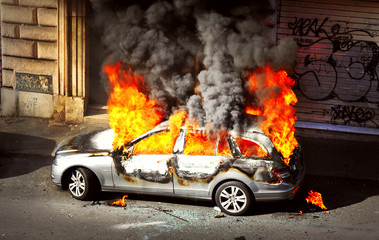 Riot - Burnt out - Car set on fire