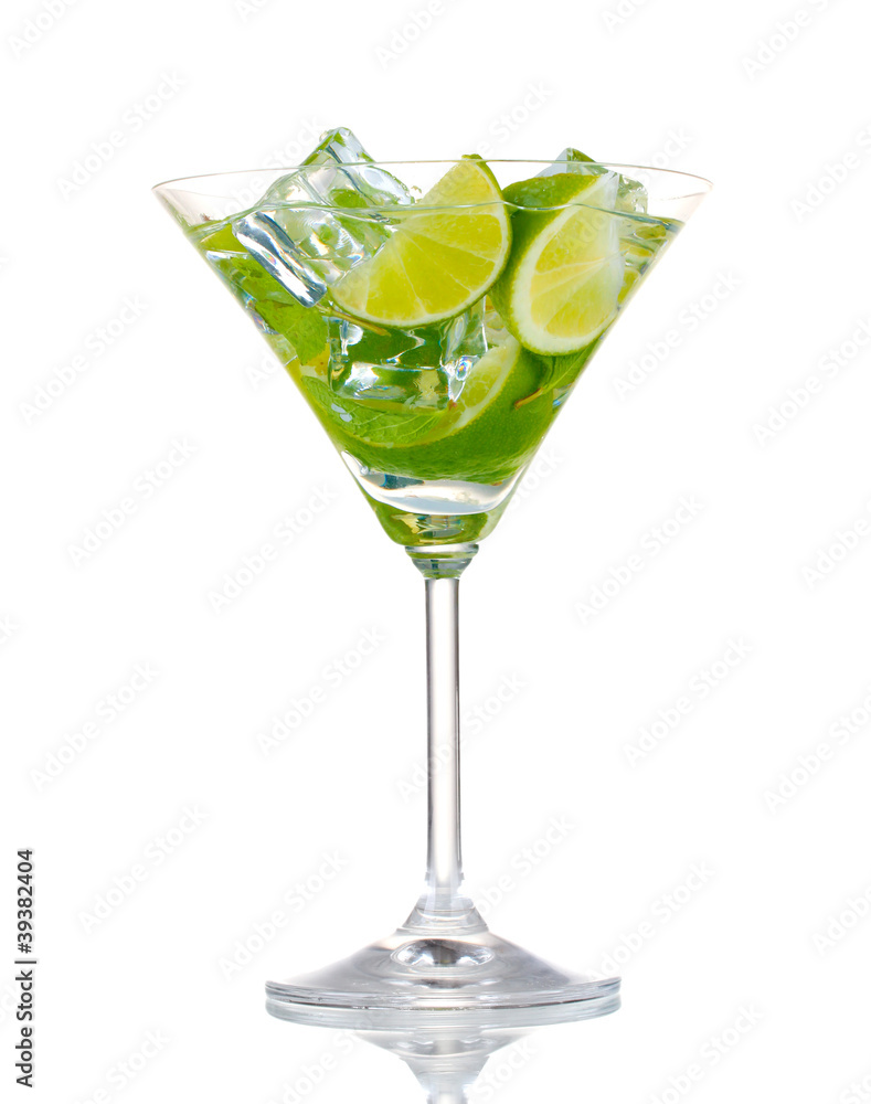 Wall mural glass of cocktail with lime and mint isolated on white