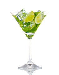 glass of cocktail with lime and mint isolated on white