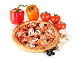 Aromatic pizza with vegetables and mushrooms isolated on white