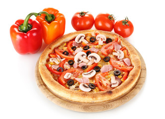 Aromatic pizza with vegetables isolated on white