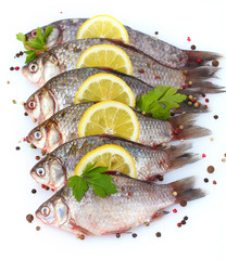 Fresh fishes with lemon, parsley and spice isolated on white