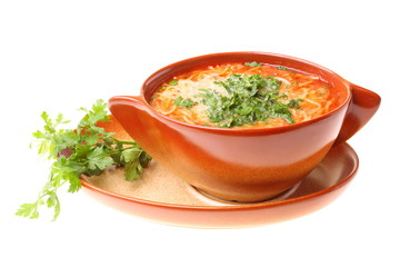 Tomato soup, parsley isolated white background