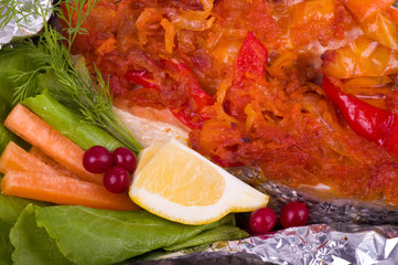 Fried salmon with dish grilled and vegetable
