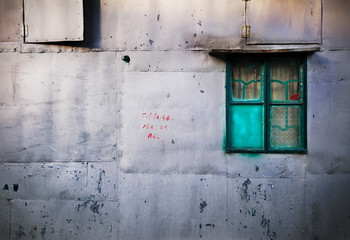 Fototapeta premium Green Window and Metal Shack, Tai O, Hong Kong