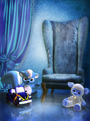 Niebieski pokój z fotelem i zabawkami