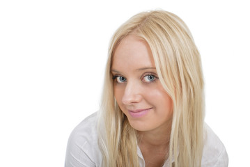 Naklejka premium Portrait of beautiful blond young woman isolated over white back