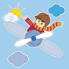 Fotobehang Hemel Sticker, jongen die met het vliegtuig vliegt