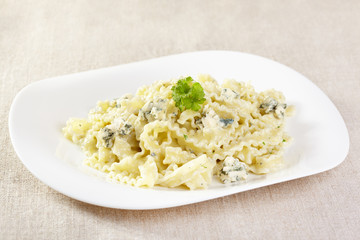 European cuisine. Pasta in cream sauce with blue cheese