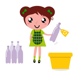 Cute girl recycle garbage into recycling bin