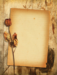 Old paper with dried rose on wooden background