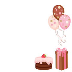 Chocolate cake, gift-box and balloons. Isolated elements