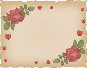 Vintage grunge paper with red roses and hearts