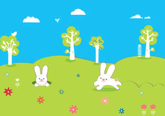 cute easter card with rabbits and trees
