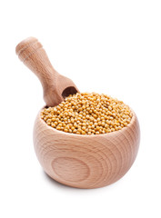 Wooden scoop in bowl full of mustard isolated on white