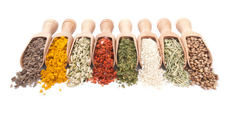 Row of wooden shovels with spices