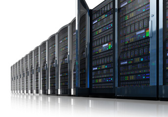 Row of network servers in data center