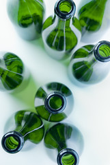 green bottles of glass above view