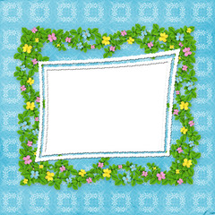 Carved frame with flower garland on the blue background