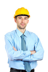 Young man architect with helmet isolated on white