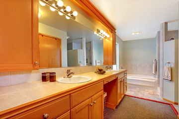 Large bathroom with double sinks and tub with grey rug.
