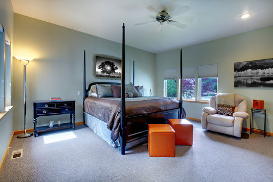 Large bright modern bedroom interior design with post bed.
