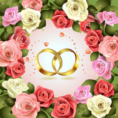 Two wedding ring with hearts and flowers - obrazy, fototapety, plakaty