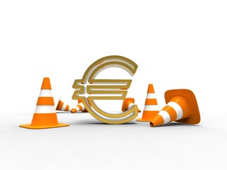 euro symbol surrounded by traffic cone on white background