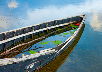 Fototapeta na wymiar Destroyed fishing boat in the lake Prespa in northern Greece.