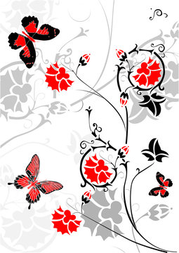 red butterflies and flowers on grey decorated background