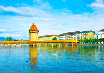 Panoramic view of the older wooden bridge of Europe in Lucerne