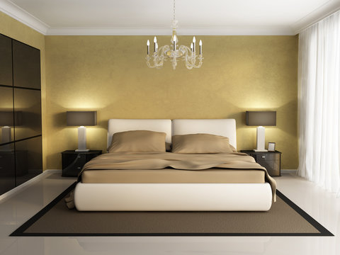 Chic luxury hotel gold, brown, bedroom, with chandelier front